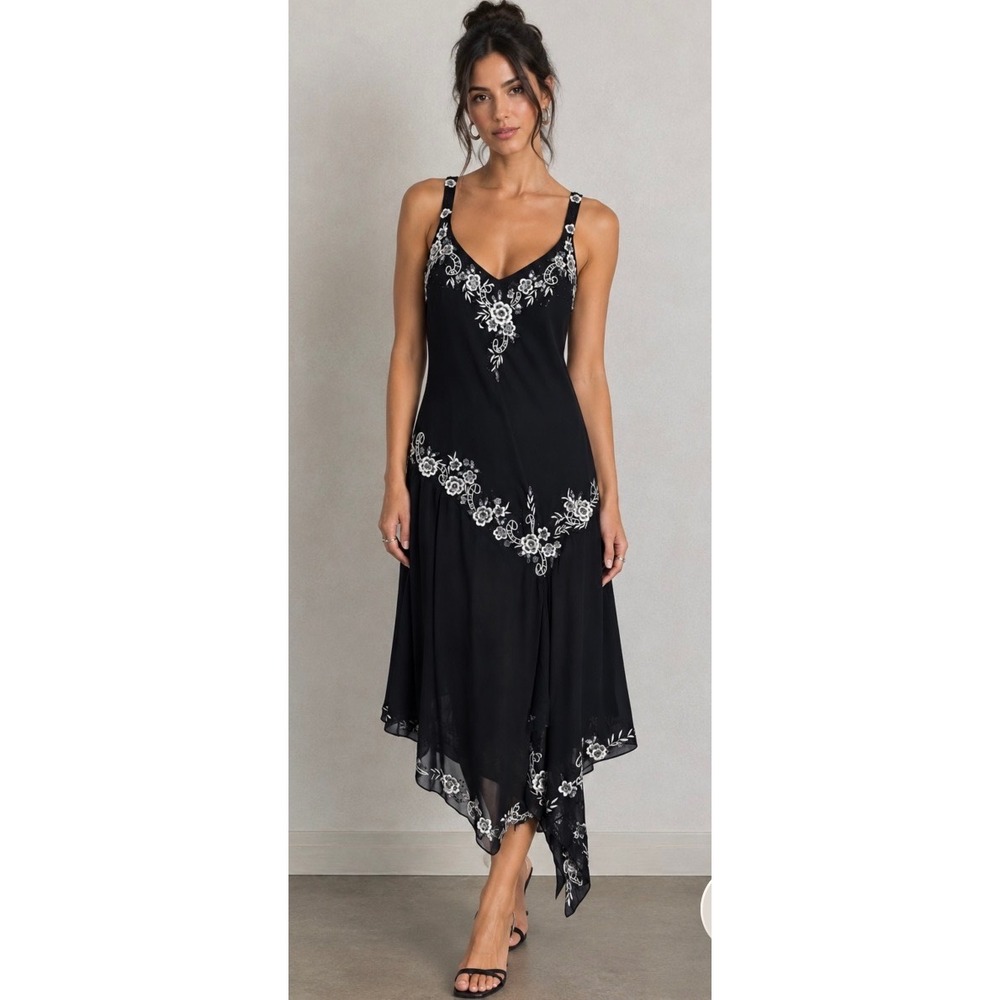 Women's 10 vintage y2k 90s beaded floral embellished chiffon assymetrical dress